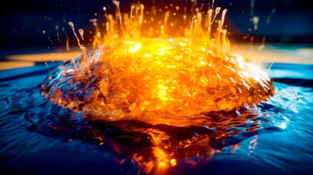 Close up of orange and yellow object in the water with water droplets. Generative AI.の素材