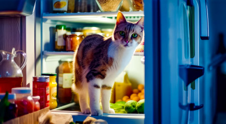 Cat standing inside of refrigerator with lots of food inside of it. Generative AI.の素材