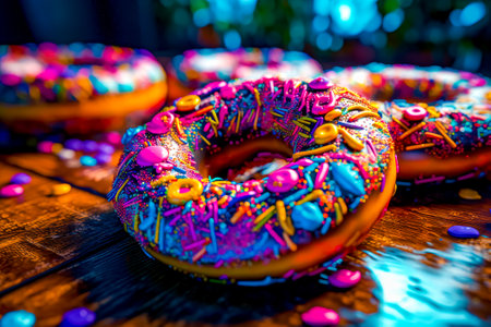 Table topped with lots of donuts covered in sprinkles. Generative AI.の素材