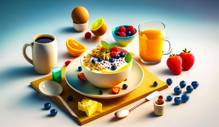 Bowl of oatmeal with berries, blueberries, raspberries, oranges, and glass of orange juice. Generative AI.の素材