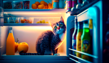 Cat sitting inside the refrigerator with food in the door and light on. Generative AI.の素材