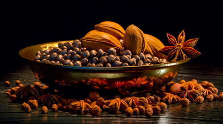 Bowl filled with lots of different types of nuts and nutshells. Generative AI.の素材