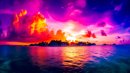 Colorful sunset over the ocean with small island in the distance and clouds in the sky. Generative AI.の素材