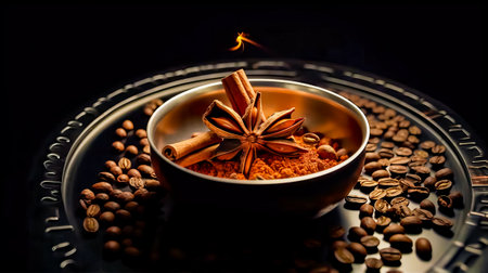 Bowl filled with cinnamon and star anise on top of coffee beans. Generative AI.の素材