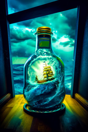 Bottle with ship inside of it sitting on table in front of window. Generative AI.の素材