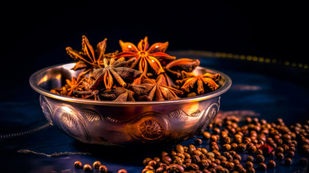 Metal bowl filled with star anise on top of table next to coffee beans. Generative AI.の素材