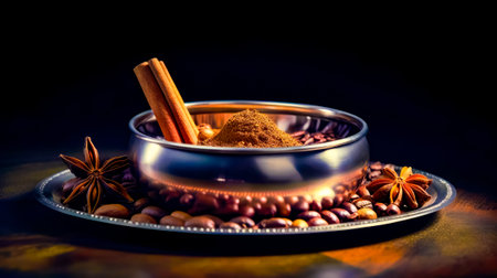 Metal bowl filled with spices next to plate of nuts and cinnamons. Generative AI.の素材
