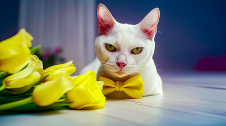 White cat wearing yellow bow tie next to yellow tulip. Generative AI.の素材
