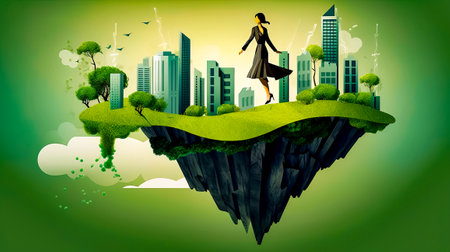 Woman in black dress is standing on a cliff in the middle of the city. Generative AI.の素材