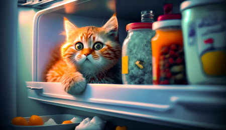 Cat is looking out of a shelf in a refrigerator with jars of food. Generative AI.の素材