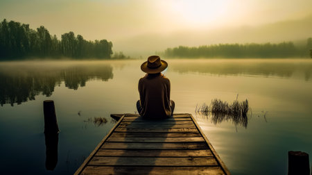 Person sitting on dock in front of body of water at sunset. Generative AI.の素材