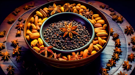 Bowl filled with spices and nuts on top of wooden table next to bottle of wine. Generative AI.の素材