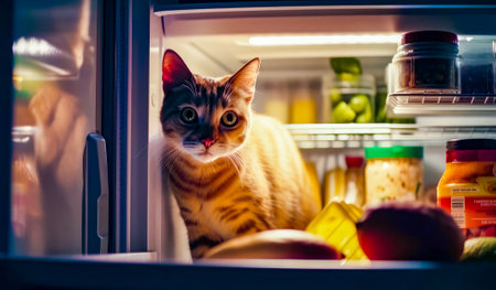 Cat standing inside of refrigerator looking at the food in the fridge. Generative AI.の素材