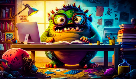 Cartoon character sitting at desk with computer and book in front of him. Generative AI.の素材