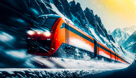 Red train traveling through snow covered mountain side under cloudy sky. Generative AI.の素材