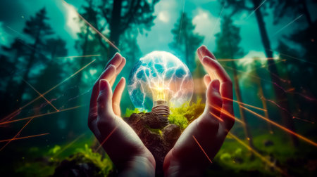 Person holding light bulb in their hands with forest in the background. Generative AI.の素材