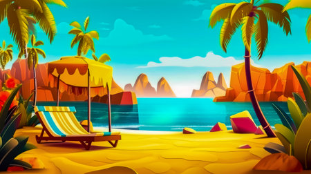 Painting of beach scene with lounge chairs and umbrellas on the sand. Generative AI.の素材
