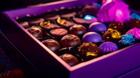 Box filled with lots of chocolates on top of purple table. Generative AI.の素材