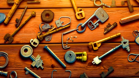 Wooden table topped with lots of different types of keys and locks on top of it. Generative AI.の素材