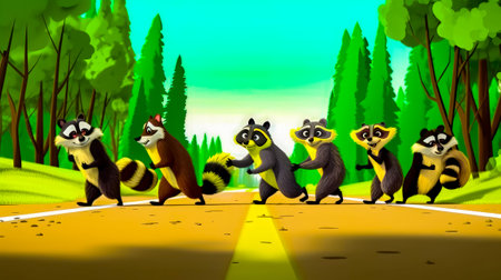 Group of raccoons are dancing on the road in front of some trees. Generative AI.の素材