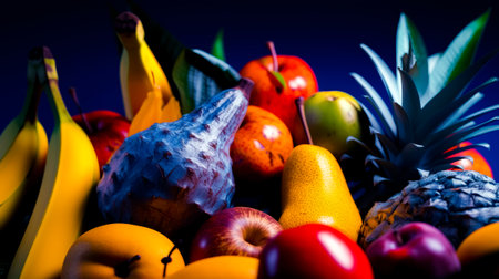 Close up of a bunch of fruits with bananas, apples, oranges, and pineapples. Generative AI.の素材