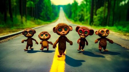 Group of monkeys standing on the side of the road next to each other. Generative AI.の素材