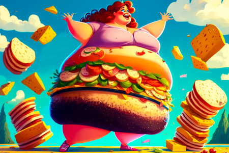 Fat woman standing on top of giant hamburger in the middle of the field. Generative AI.の素材