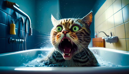 Cat in sink with its mouth open and it's mouth wide open. Generative AI.の素材