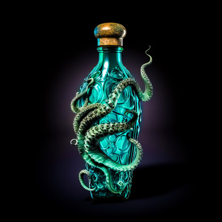 Green glass bottle with snake wrapped around it's neck on black background. Generative AI.の素材