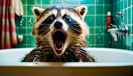 Raccoon yawning in bathtub with its mouth open. Generative AI.の素材