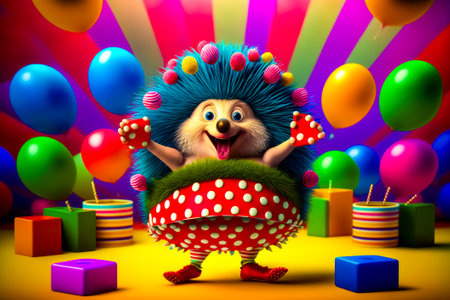 Cartoon hedge standing on top of mushroom in front of colorful balloons. Generative AI.の素材