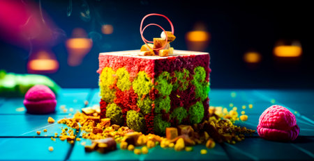 Multicolored cake sitting on top of blue table next to candle. Generative AI.の素材