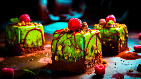 Close up of piece of cake on table with raspberries. Generative AI.の素材