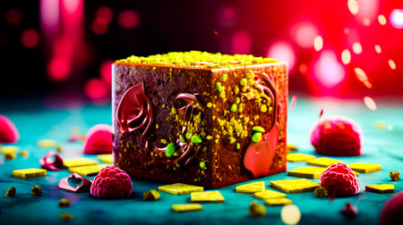 Chocolate cake with yellow and green sprinkles on top of it. Generative AI.の素材