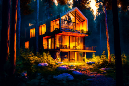 House in the middle of the forest with lots of lights on it. Generative AI.の素材