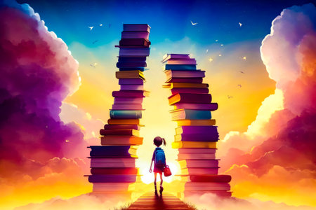 Person standing in front of stack of books on top of hill. Generative AI.の素材