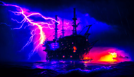 Oil rig in the middle of the ocean with lightning in the background. Generative AI.の素材