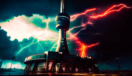 Tower with lightning in the background and sky full of clouds above it. Generative AI.の素材