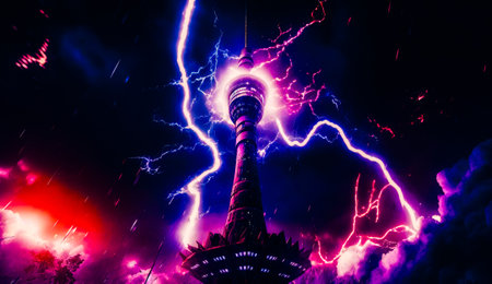 Very tall tower with lot of lightning in the sky above it. Generative AI.の素材