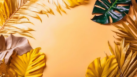 Bunch of tropical leaves on yellow background. Generative AI.の素材
