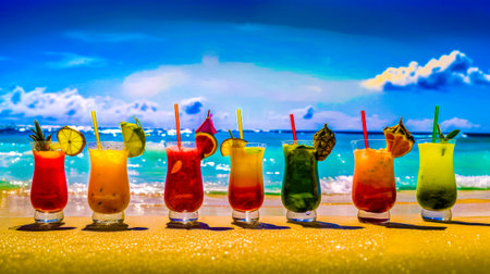 Row of colorful drinks sitting on top of the beach next to the ocean. Generative AI.の素材