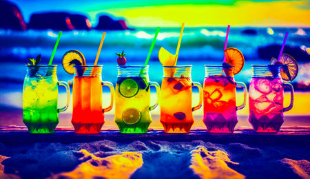 Row of colorful drinks sitting on top of the beach next to the ocean. Generative AI.の素材