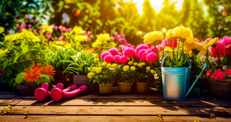 Wooden table topped with potted plants and gardening tools on top of it. Generative AI.の素材