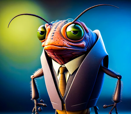 Close up of bug wearing suit and tie with eyes wide open. Generative AI.の素材