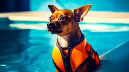 Small brown dog wearing life jacket in pool of blue water. Generative AI.の素材