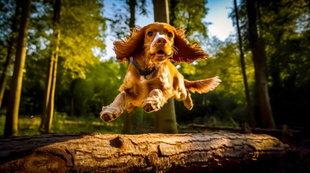 Brown and white dog jumping over log in the air with trees in the background. Generative AI.の素材