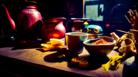 Wooden table topped with bowls and bowls filled with different types of food. Generative AI.の素材