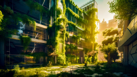 Building with lot of green plants growing on the side of it. Generative AI.の素材