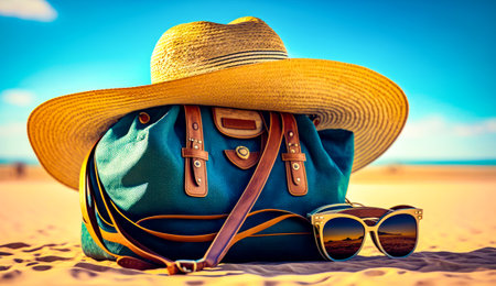 Hat, sunglasses, and bag sitting on the sand of the beach. Generative AI.の素材