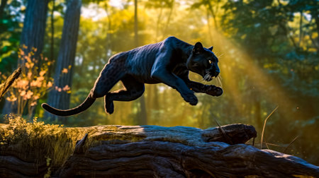Black panther leaping over log in forest with sunlight streaming through the trees. Generative AI.の素材